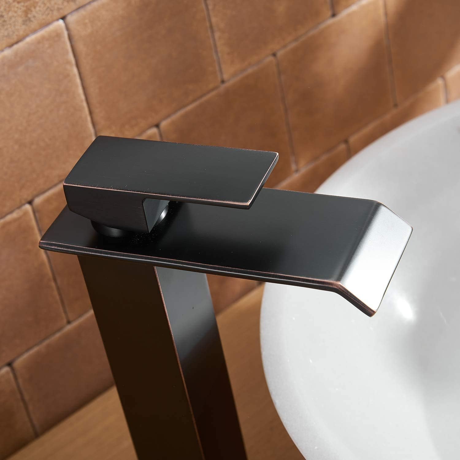 Oil Rubbed Bronze Deck Mount Faucet with Waterfall Spout and Drip-Free Valve, Low Lead Brass, Easy Installation