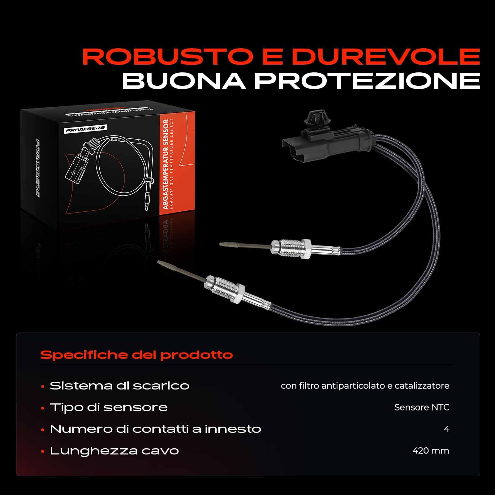 Frankberg Sensore temperatura gas di scarico dopo catalizzatore 4-Poli Compatibile con C3 III SX C4 II NC Berlingo B9 Expert Bus V 3008 SUV M4 MC MJ MR DS3 SA Jumpy Bus V Replace# 9678157880