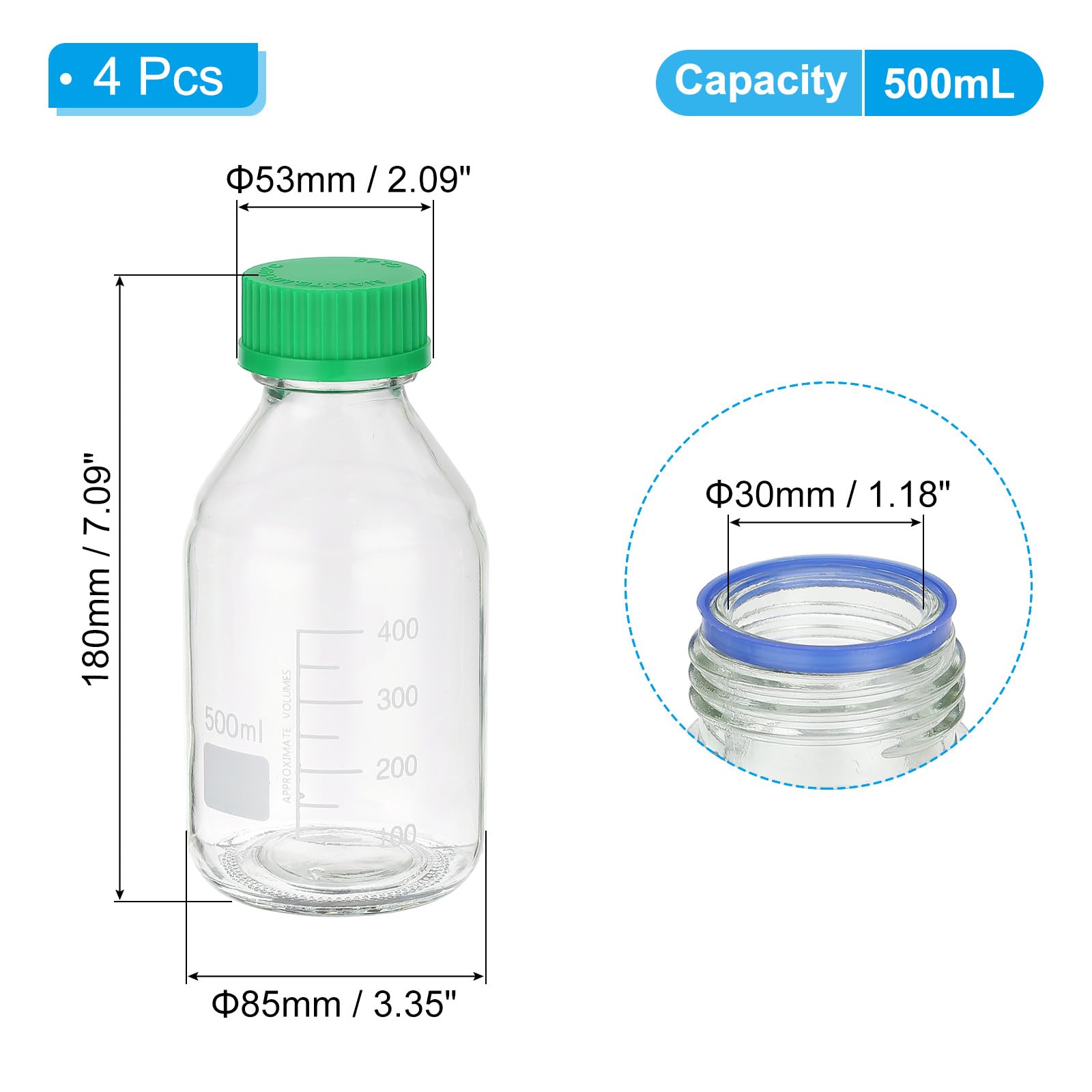 PATIKIL 4 Flacons De Stockage De Réactifs, 500ml Bouteilles Graduées En Verre Borosilicaté Avec Bouchon Vis GL32 Vert Pour Liquides Réactifs De Laboratoire, Transparent