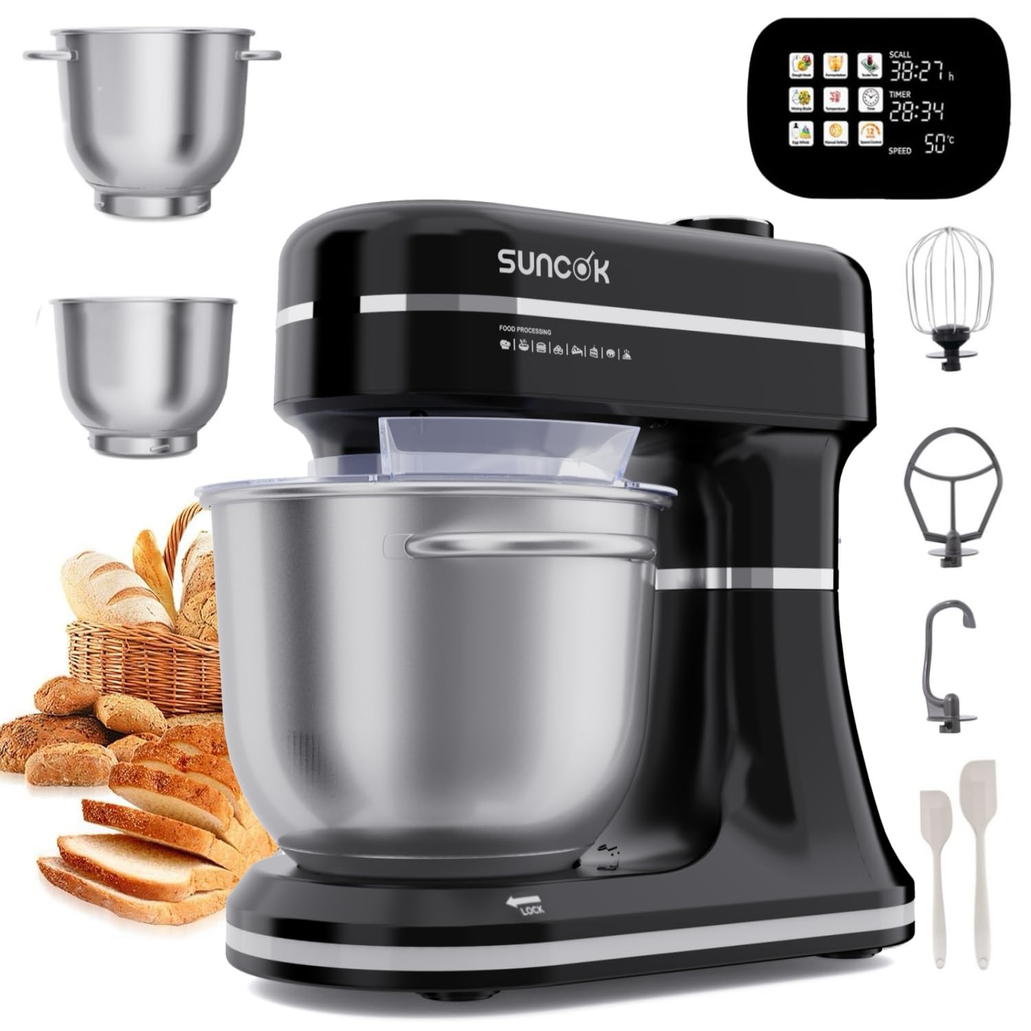 Batidora Amasadora 1500W, 2 Cubetas de Acero Inoxidable (4,5L/5,5L), 12 Velocidades, Fermentación/Calentamiento, Báscula, Temporizador, Bajo Ruido, 3 Accesorios de Mezcla (B03P, B03P-NEGRO)