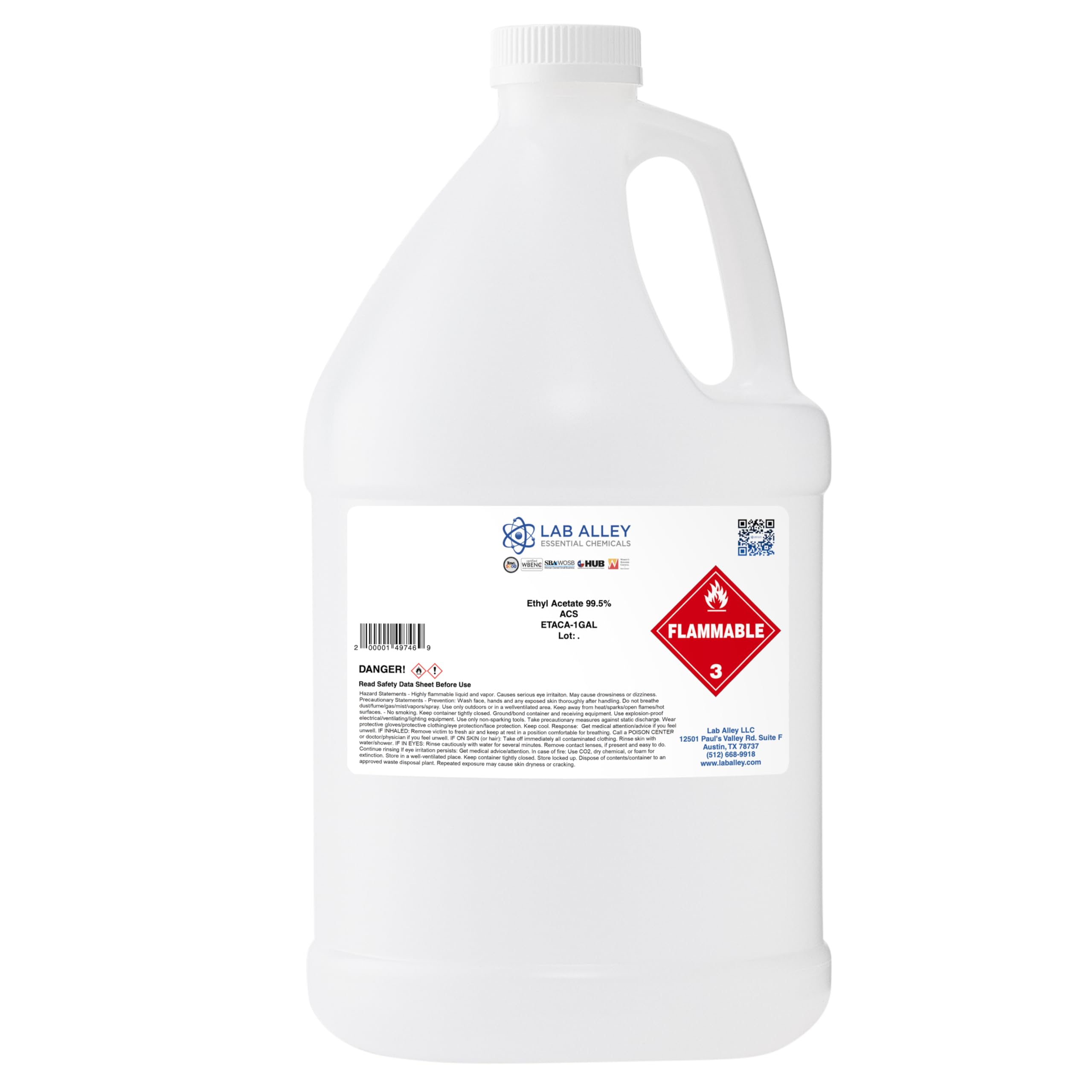 Lab Alley Ethyl Acetate 99.5% ACS Grade, Highest Purity Solvent Suitable for Food and Pharmaceutical Applications - 1 Gallon