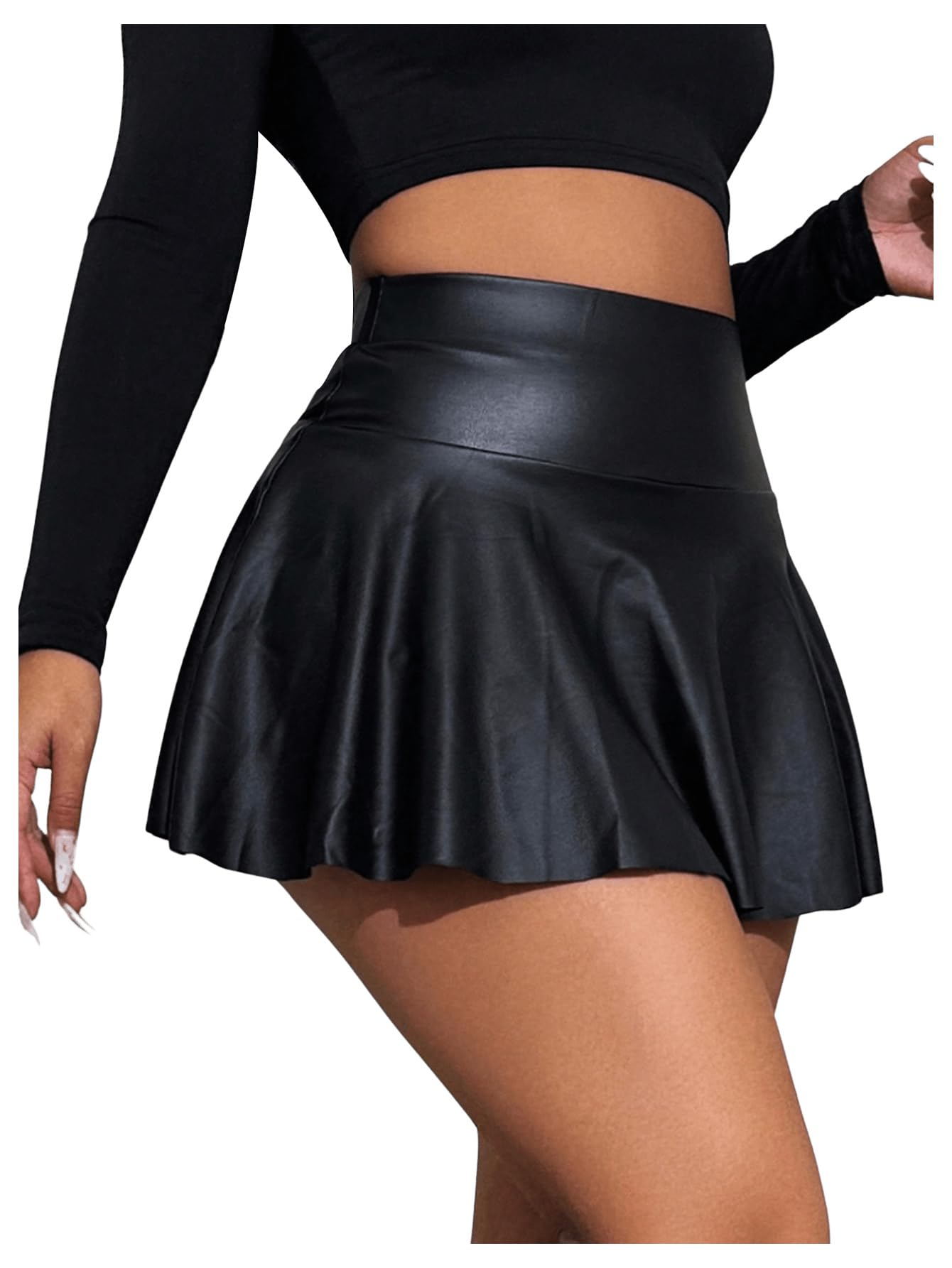 GORGLITTER Damesrok met elastische tailleband, minirok van PU-leer, clubrrokken, korte rok met ruches zoom