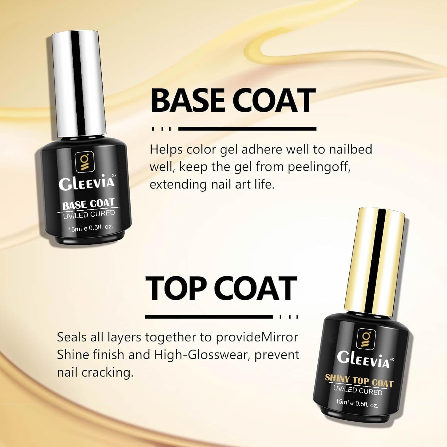 Gleevia No-Wipe Glossy Top Coat & Base Coat Combo Pack 15ml Each β Professional Gel Nail Polish Kit for Long-Lasting High Gloss Finish | Soak-Off UV/LED Gel DIY Manicure at Home (Set of 2)