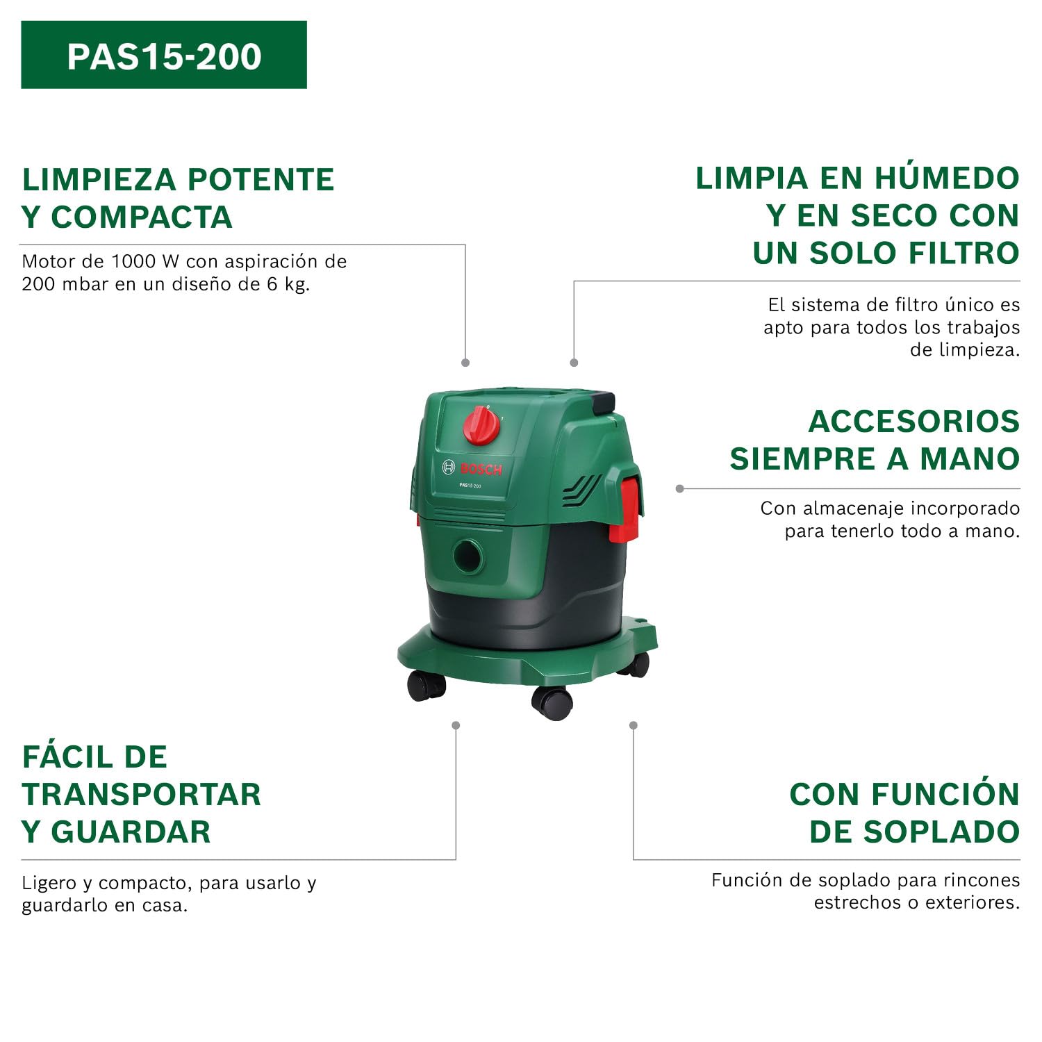 Bosch Aspirador en seco y húmedo PAS15-200 (Tubos de extensión, Manguera de aspiración de 2,2 m, Tubo Flexible/acodado, boquillas para Suelos y Ranuras, Bolsa de Papel (FSC), Filtro de Cartucho)