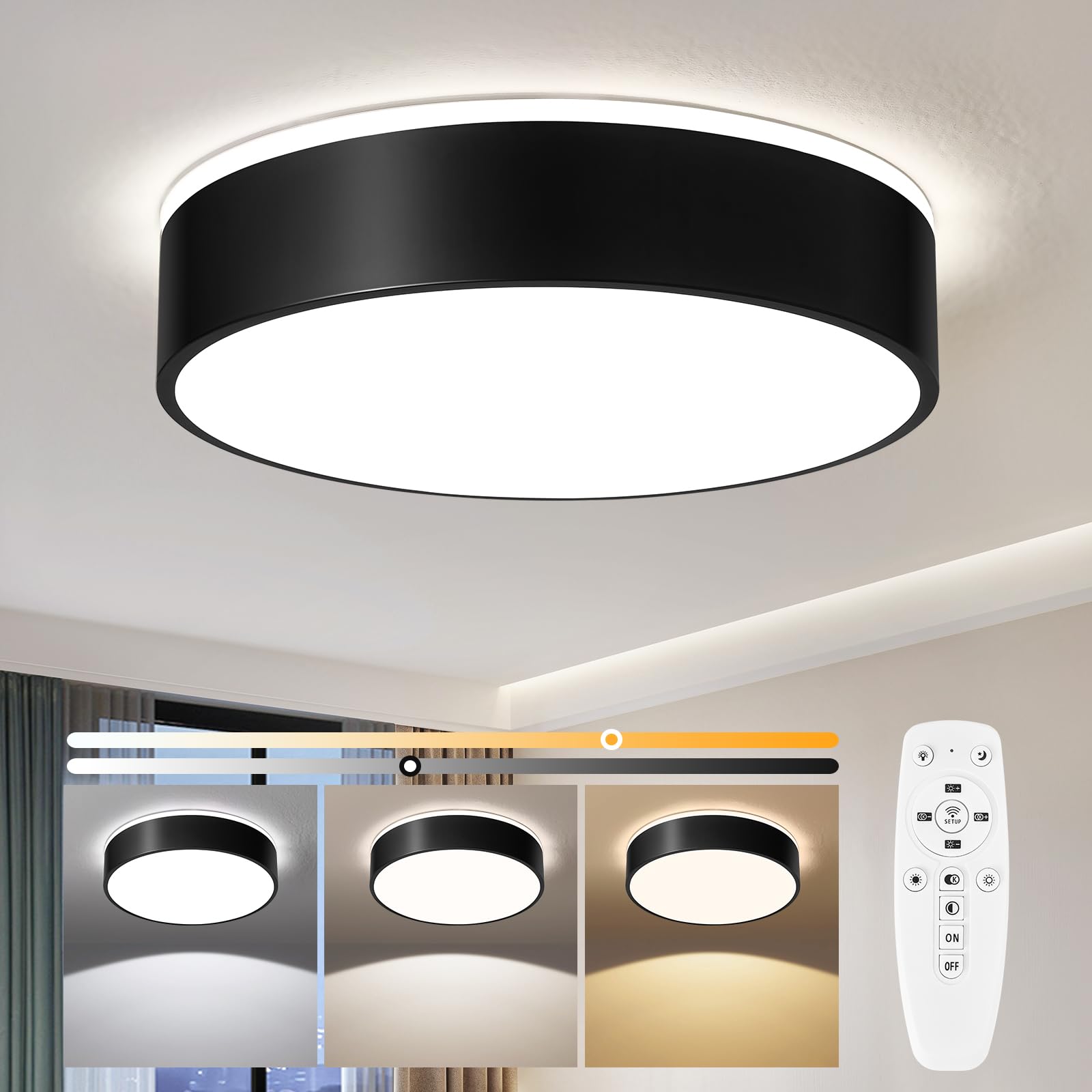 VikaeyModern Dimmable LED Ceiling Light, Black, 40 cm, 36 W Indoor Round Ceiling Light with Remote Control, LED Ceiling Lamp for Living Room, Hallway, Bedroom, Balcony, Bathroom, Kitchen