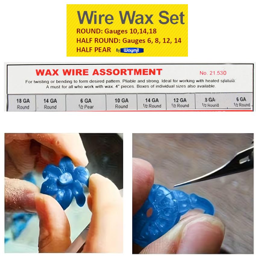 Blue Wax Wire Assortment – Flexible Modeling Wires for Jewelry & Casting – Round, Half-Round, Half-Pear Shapes – 4" Long, Assorted Gauges