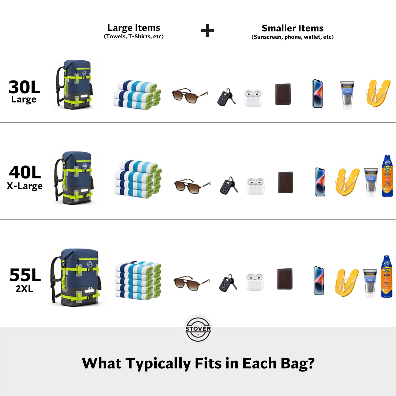 STOVER Bolsa seca impermeable de 25/30/40/55 L, mochila seca resistente con parte superior enrollable para kayak, canotaje, camping, hombres y mujeres, Verde, 40L US, Bolsa seca