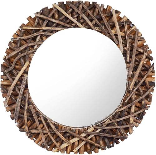 vidaXL Espejo de pared redondo de madera de teca de 23.6 pulgadas, marco de ramas de árbol tejido a mano, estilo rústico de granja, tocador estable