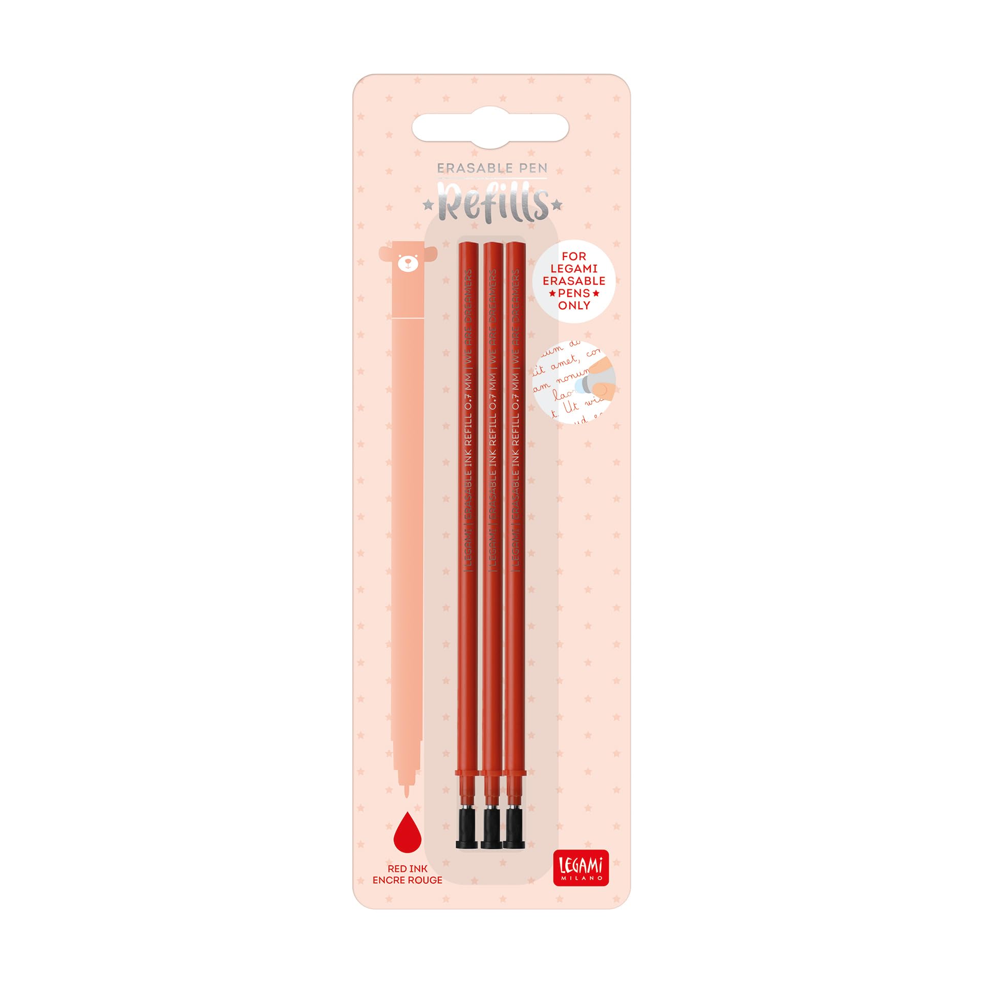 Legami - Lot de 3 recharges pour stylo gel effaçable, hauteur 13 cm, encre thermosensible rouge, pointe 0,​7 mm