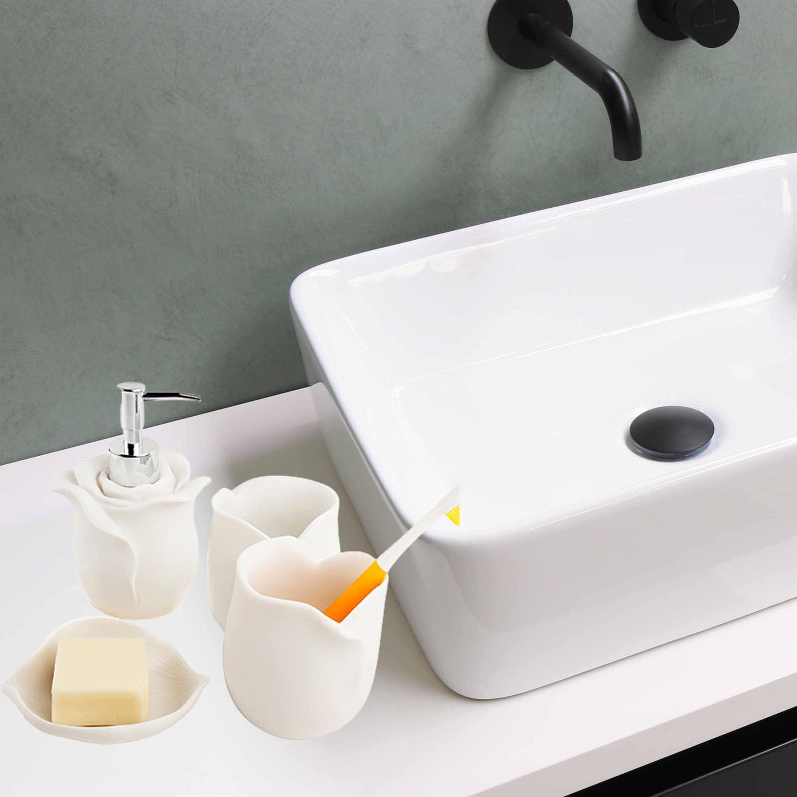 Moderno Decorativo 3D Rosas 4 Piezas Accesorios de Baño Set Dispensador de Jabón/Cepillo de Dientes TazaJabonera, 4 Piezas,Blanco