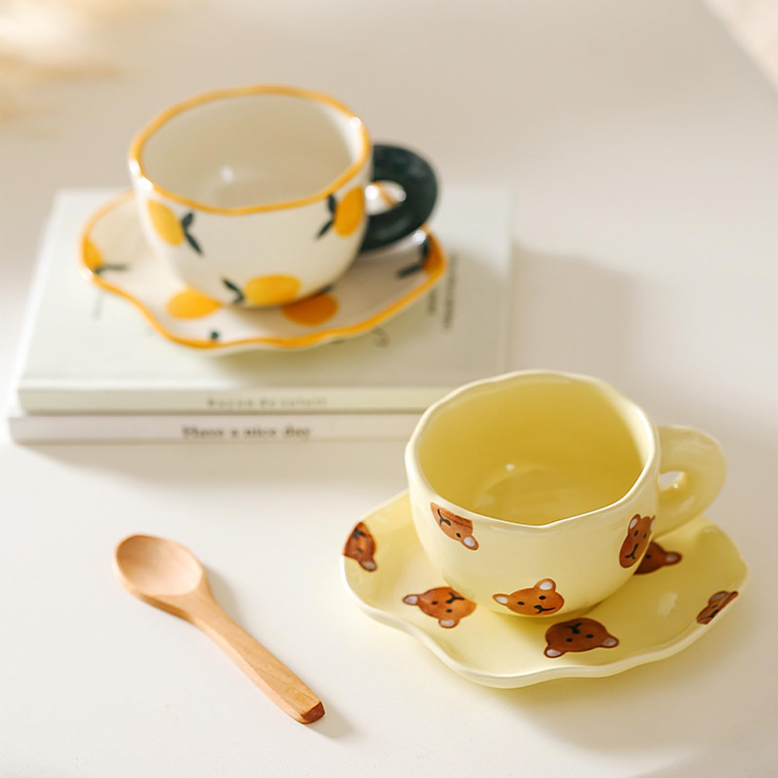 Soulnioi Ceramic Coffee Mug, Cute Cappuccino Cup and Saucer Set, 180ML Handpainting Tea Cup Milk Cup for Gift - White Orange - Image 4