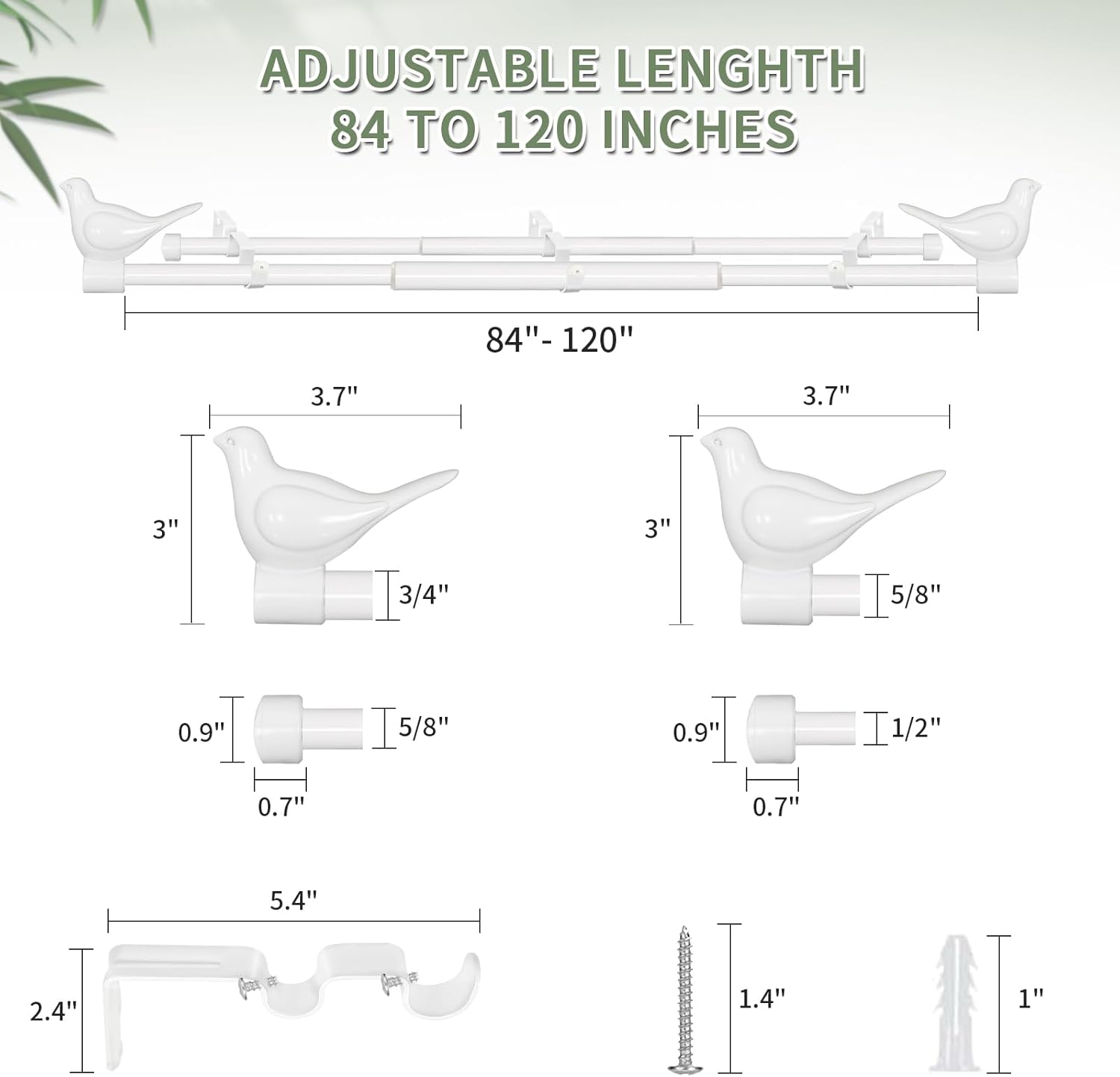 MERIVILLE 3/4" Diameter Farmhouse Double Window Treatment Curtain Rod, Bird Finials (84"-120", Glossy White)