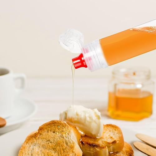 Miniatura 2 de RAYNAG Paquete de 8 botellas de miel reutilizables de plástico para apretar con tapas abatibles, dispensador de condimentos para salsa de salsa de