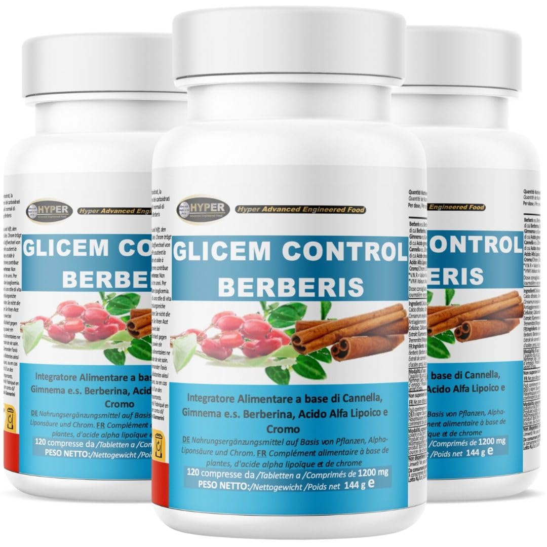 Hyper Glicem Control Berberis 180 Comprimés - pour la Glycemie avec Berberine, Gymnema, Cannelle, Acide Alpha-Lipoïque et Picolinate de Chrome - Métabolisme des Glucides
