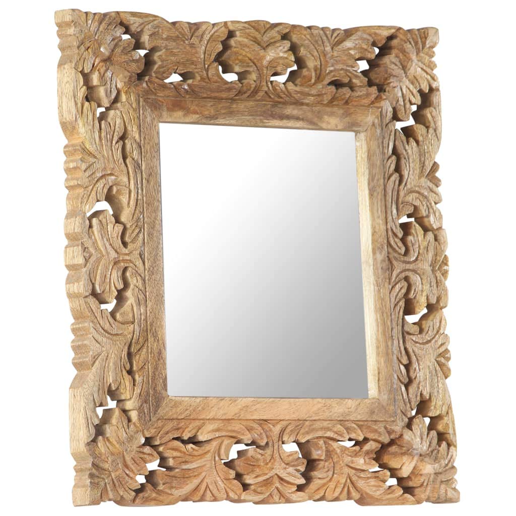 Handgeschnitzter Wandspiegel aus massivem Mangoholz braun 50 x 50 cm, mit Spiegelrahmen für Flur Bad Schlafzimmer, Deko Unikat für Kosmetik und Rasur