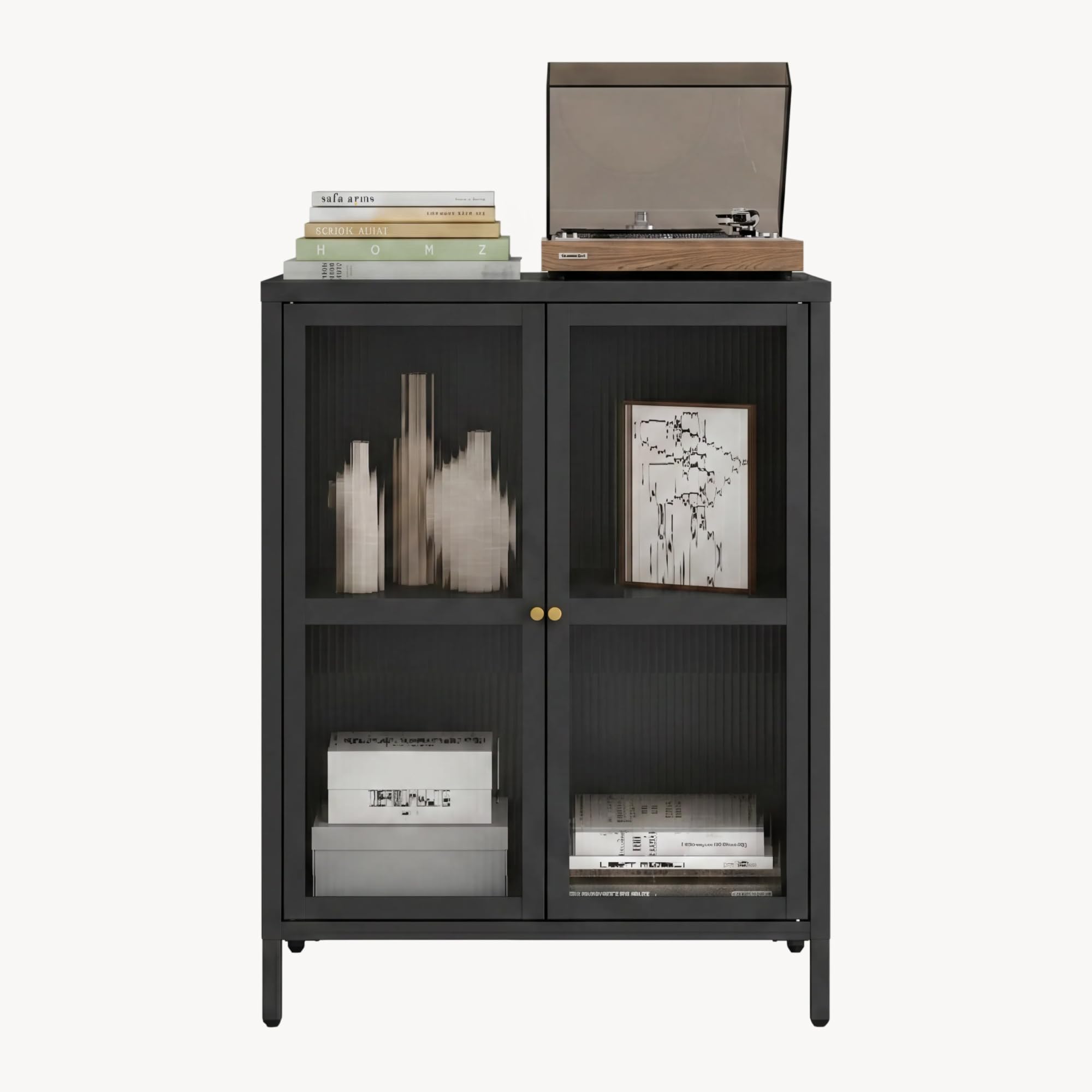 [en.casa] Comò con Ante in Vetro Scanalato Credenza in Acciaio per Soggiorno Mobile Vetrinetta con Scomparto Diviso 84x64x35 cm Nero
