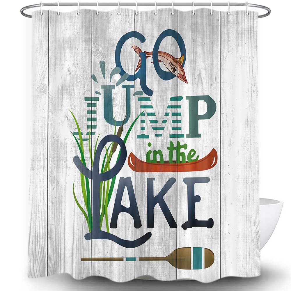 Rustic Lakeside Cabin Shower Curtain, Go Jump in The Lake Relax Words and Fish on Wooden Board Bathtub Curtain,Fabric Country Bathroom Decor, 69X75IN,