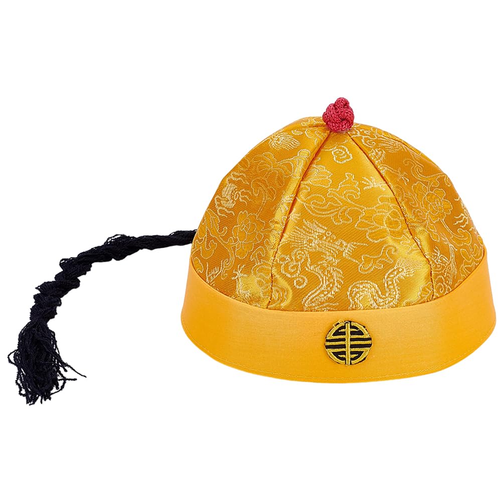 arricraft Adult Chinese Ancient Royal Emperor Hat with Long Braid, Qing Dynasty Royal Hat with Dragon Pattern Oriental Hat Party Cosplay for Asian Costume Stage Performance Dress up Photography (Gold)