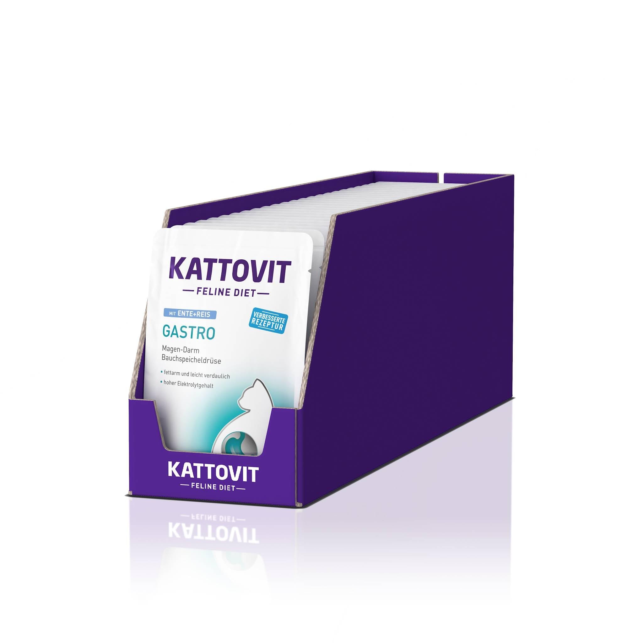 Kattovit - Comida húmeda Gastro para Gatos | Comida húmeda para Gatos para apoyar el Sistema gastrointestinal | Pienso Completo dietético en Bolsa Fresca para Gatos Adultos | 24 x 85 g de Pato con