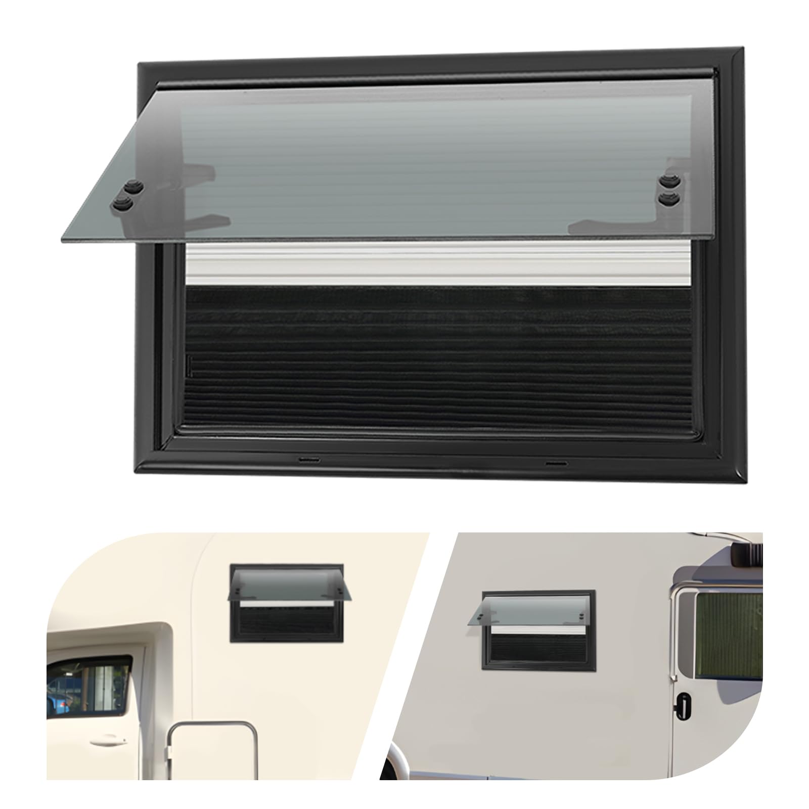 Finestra per camper, 50 x 35 cm, con tenda avvolgibile e griglia | 50 x 35 cm, dimensioni di montaggio 85° apertura e 30-40 mm di spessore della parete per camper e roulotte.