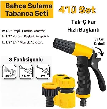 3 Fonksiyonlu Sulama Tabancası 4 Parça Set, Bahçe Sulama, Araç Yıkama, Dış Mekan Temizliği, Çok Amaçlı Yüksek Malzeme Kalitesi, Tak-Çıkar Hızlı Bağlantı Ayarlı Hortum Tabancası