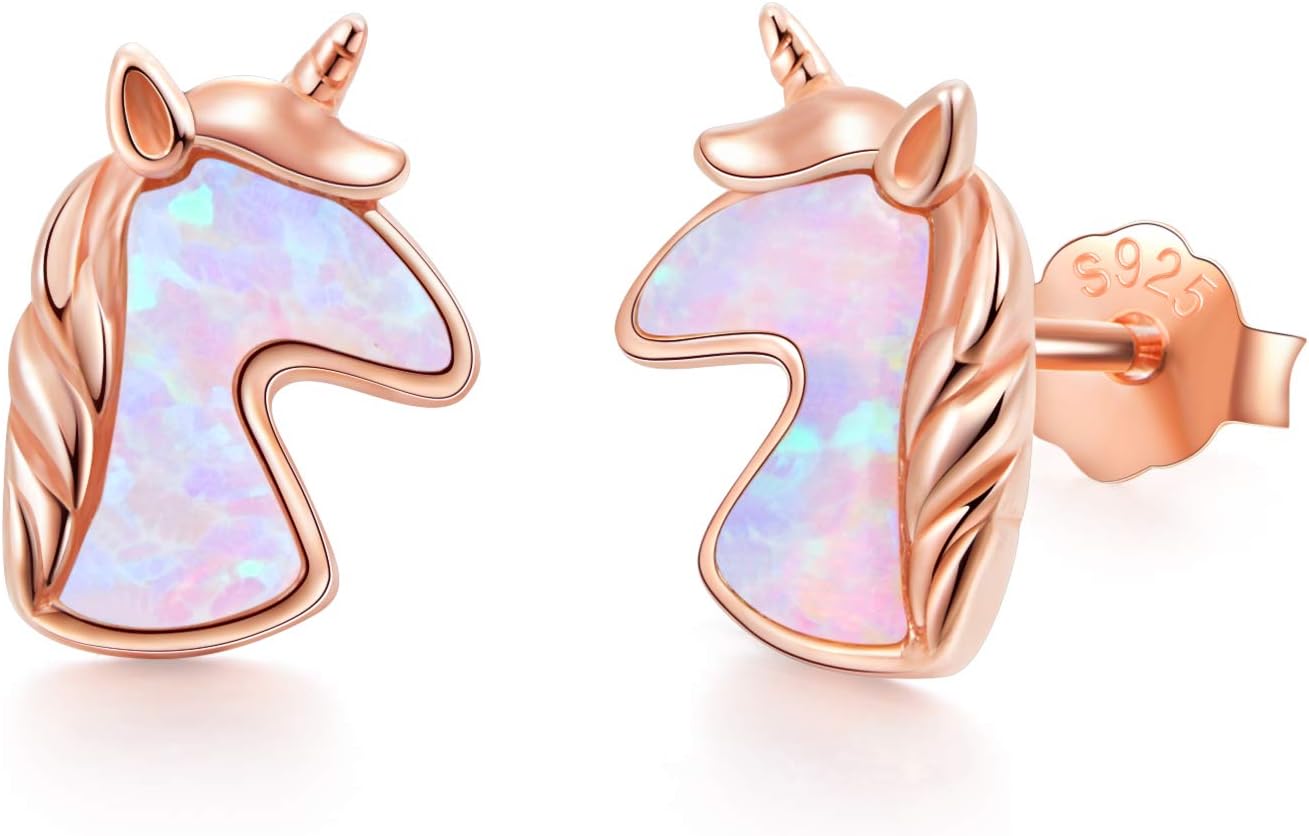 Unicorn Stud Earrings S925 Sterling Silver Hypoallergenic Created Opal Earrings Cute Unicorn Gifts for Women Daughter Birthday Present
