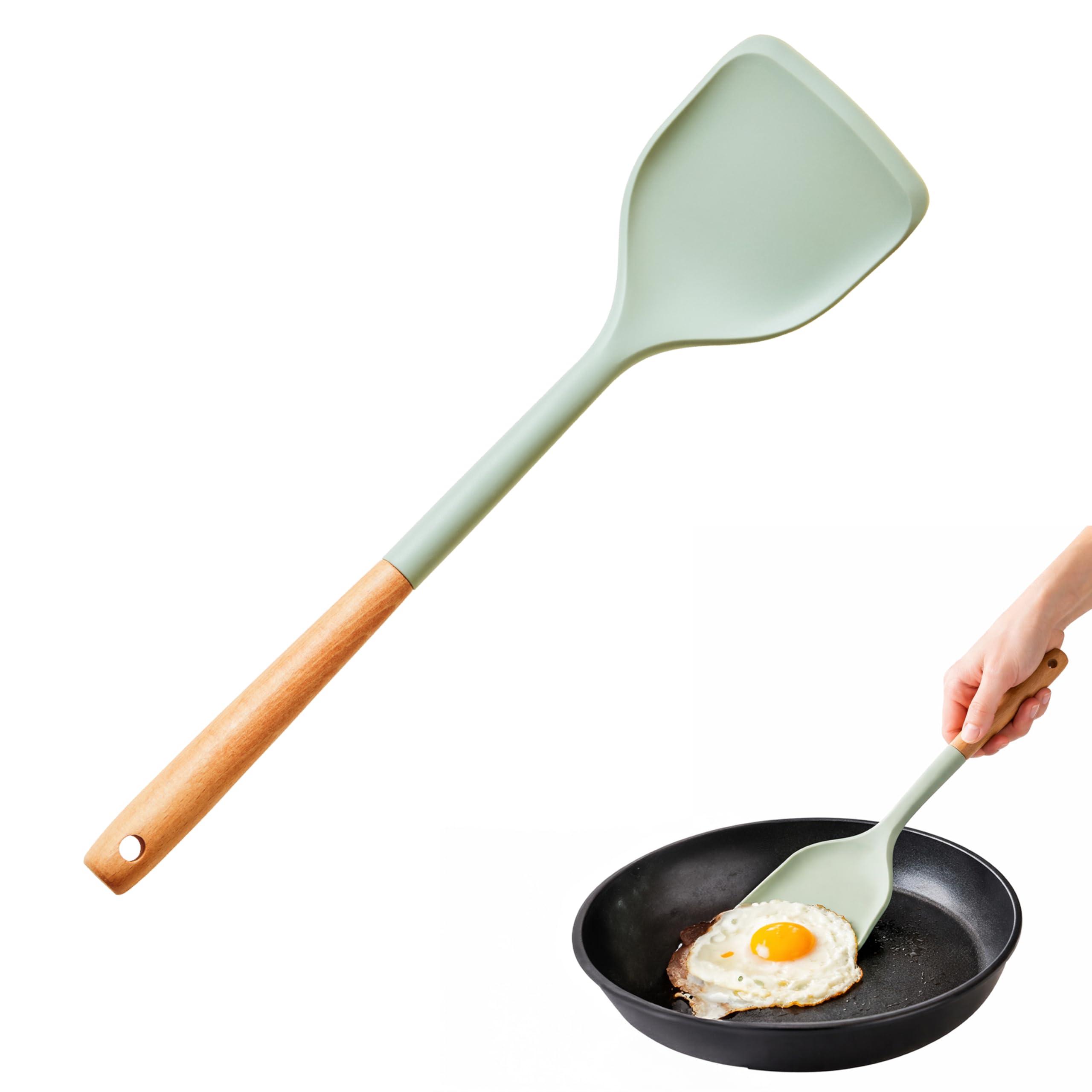 Premier Housewares Sage Green Silicone Head Turner with Round Wood Handle|Vibrant Green Silicone Turner|Versatile Kitchen Tool for Baking, & Serving|Flexible Frying Spatula