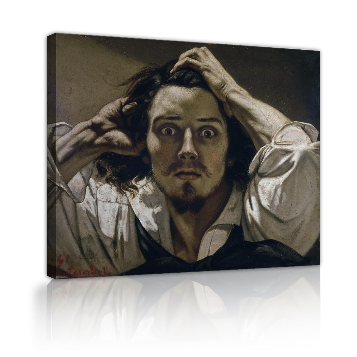 TOANGWALL Gustave Courbet The Desperate Man Canvas Wall Art Studio Realistic Shocked Man Self Portrait Framed Artwork for Bar Gallery Decor 50x60cm