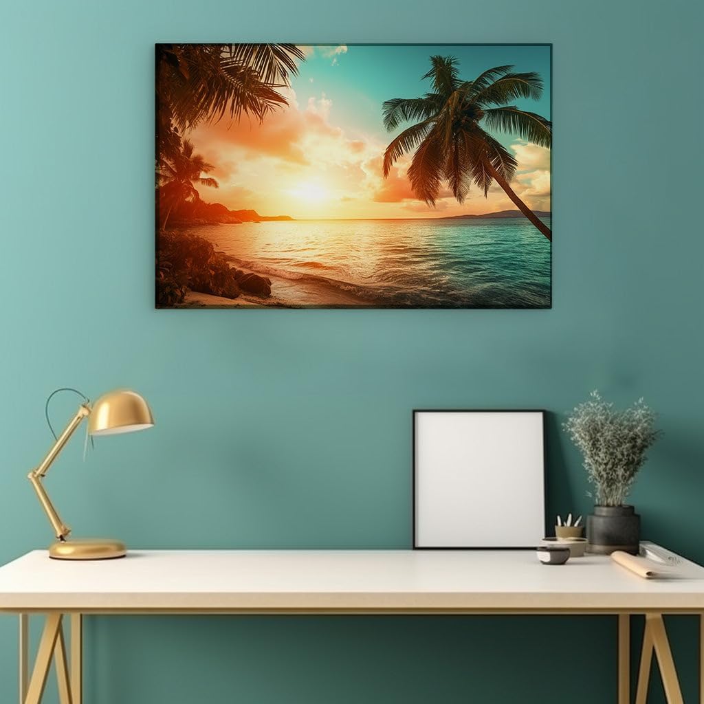 Canvas for Living room. Sunset Serenity A Symphony of Colors and Calm at a Deserted Beach Retreat, 27 x 18 inch Canvas Wall Art - Contemporary Masterpieces - Modern Home Decor
