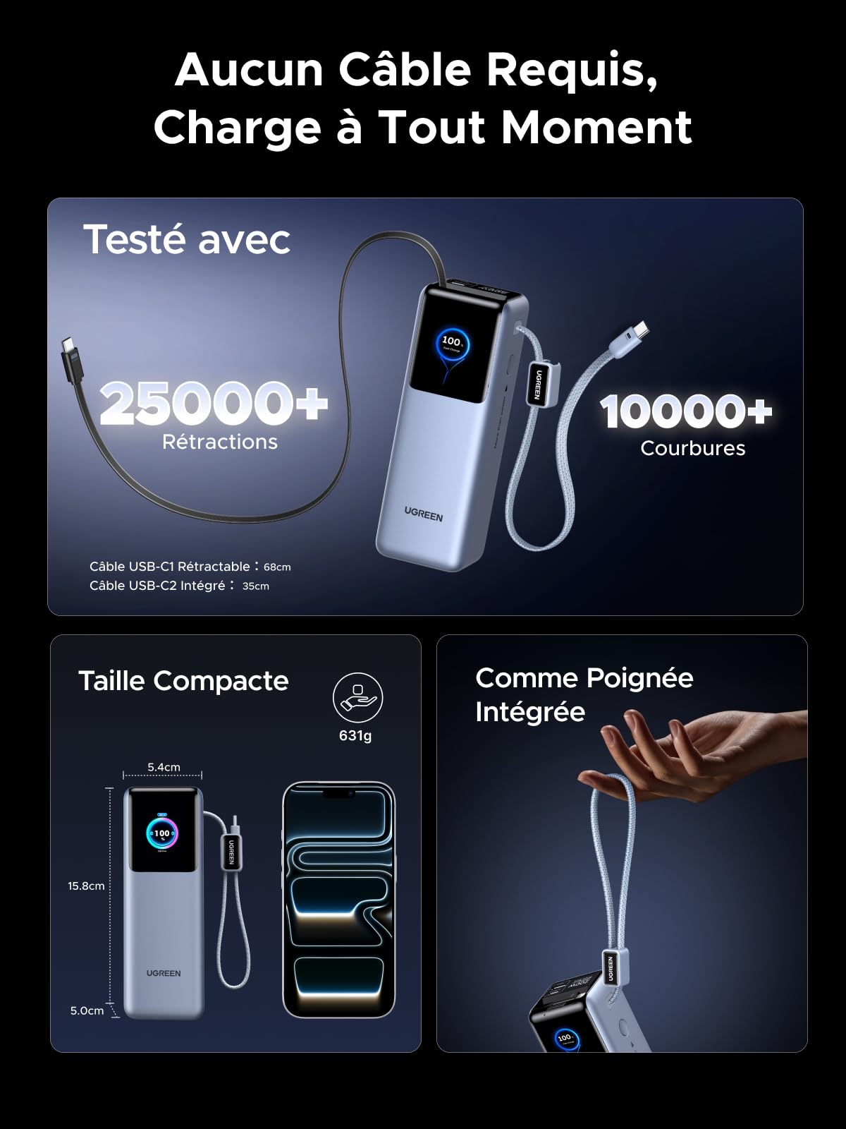 UGREEN Nexode Pro 200W Batterie Externe 25000mAh Power Bank USB C PD 100W | Charge Rapide, 4 EN 1, 2 Câbles Type C, 2 Ports 1C1A, Écran TFT, Chargeur PC, Compatible avec iPhone 17 16 Galaxy S26 S25 S24