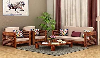 Furnifab Solid Sheesham Wood Sofa Set 5 Seater (3+1+1) with Cushions Without Small Pillows for Living Room, Bedroom, Office, Hotel & Lounge (Standard, Brown Finish)