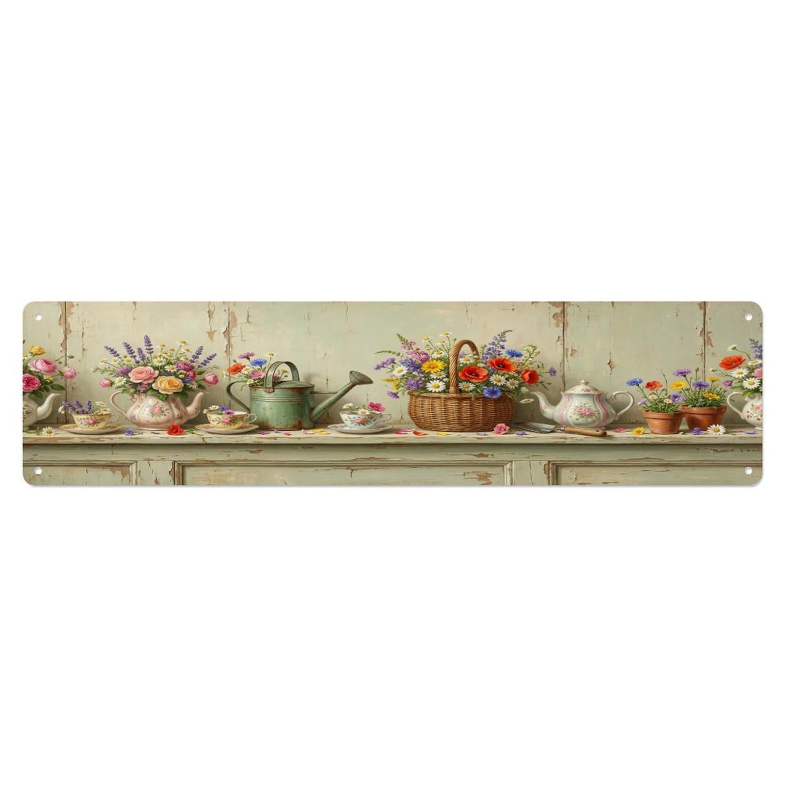 Floral Garden Tools Teapot Wildflower Pattern Print Metal Tin Sign