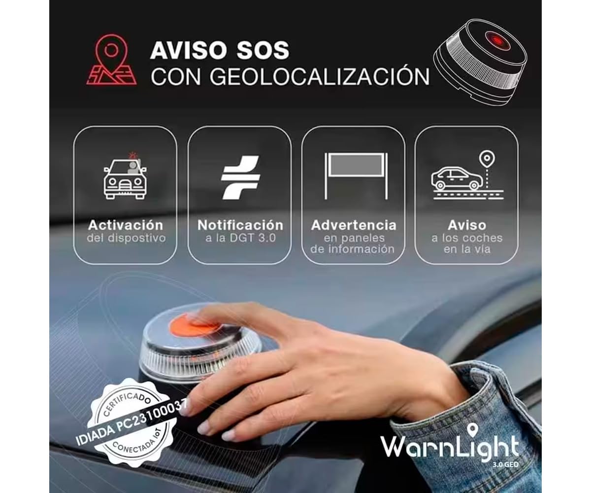 3.0 GEO - Luz Emergencia con Geolocalización para Coche Homologada DGT 3.0 (Obligatoria), Baliza V16 con GPS y Datos Incluídos hasta 2038, Base Imantada, IP54 (3 uds.)