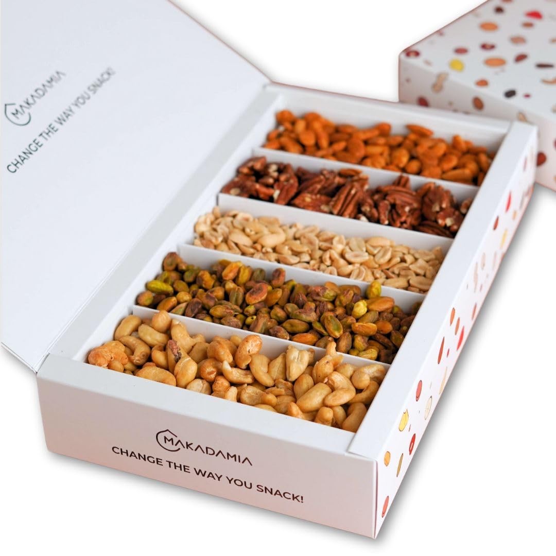Makadamia - Aperitivo BOX 750 g - Pistacchi Tostati, Arachidi Tostate, Anacardi Tostati, Noci Pecan Tostate e Mandorle alla Paprika.