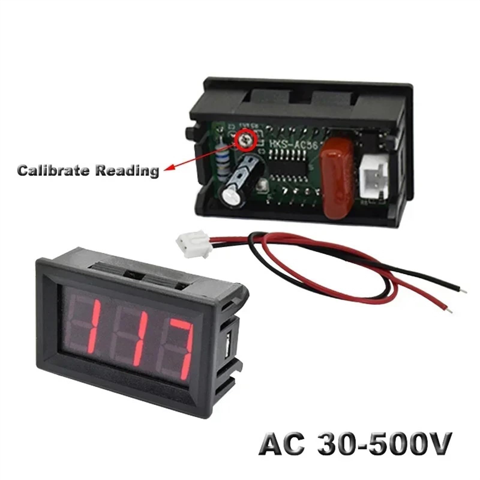 Voltmetro digitale LCD da 0,56 pollici 30-500VAC Calibrare la lettura 0-100VDC 5-30V Rosso Verde Blu Display a LED Tester del rilevatore di tensione (Color : AC 30-500V, Size : Red LED)