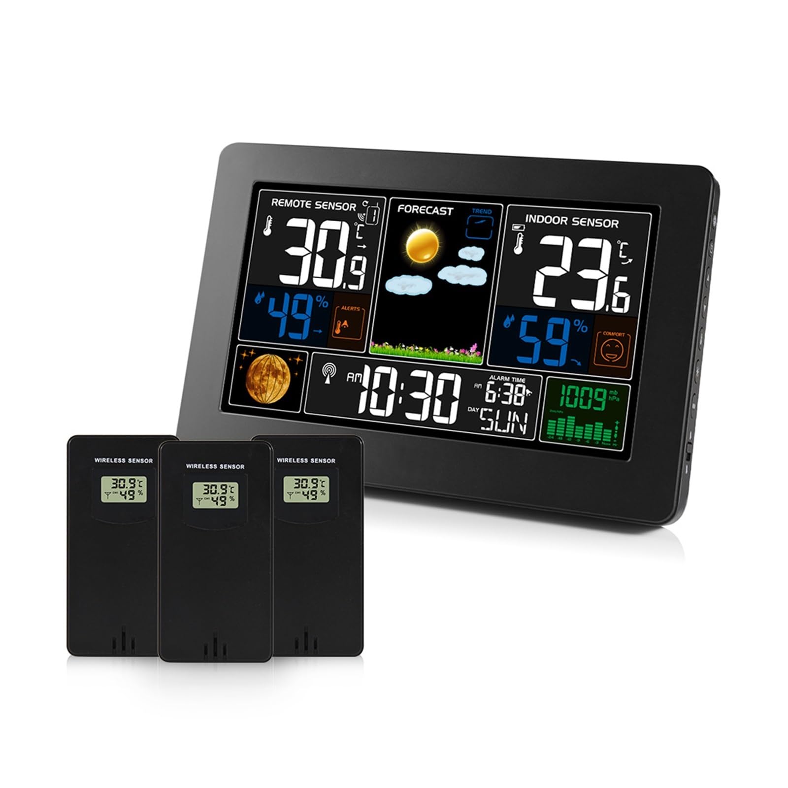 Cyfrowy termometr stacja pogodowa higrometr barometr elektroniczny zewnętrzny czujnik bezprzewodowy duży ekran zegar ścienny do domu DokłAdne I łAtwe Do Odczytania(Black 3)