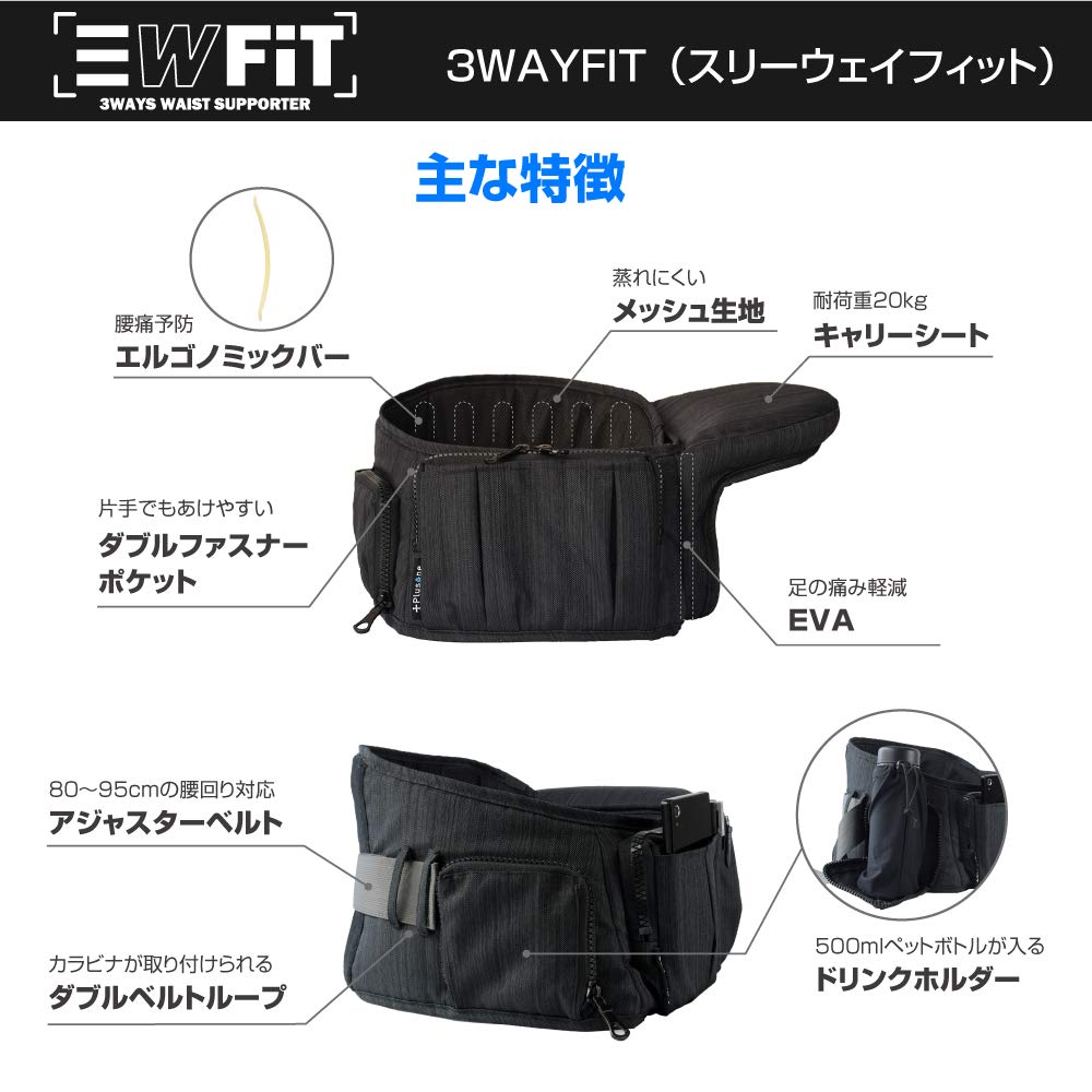 Plusone ウエストバッグ 3WAYFIT 腰痛サポーター ウエストバッグ Amazon | Plusone 腰痛サポーター付きウエストバッグ【3WAYFIT