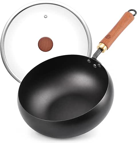 WANGYUANJI 9.5-Inch Carbon Steel Wok with Lid, Flat Bottom Stir