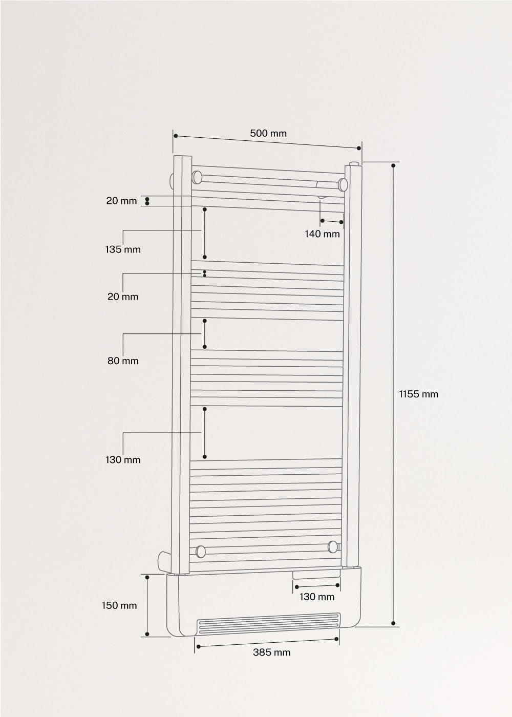 Technical diagram showing the dimensions of the CREATE Warm Towel Advance electric towel warmer.