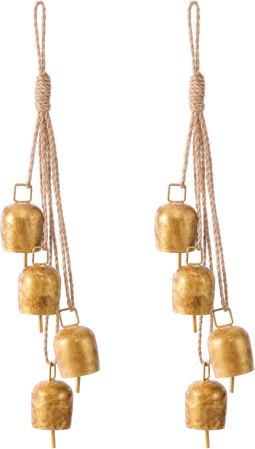 Hananona 2 Pcs Gold Vintage Bells with Hanging Rope, Decorative Metal Cow Bells for Weddings, Parties, and Christmas DIY Wreaths, Home Decor (2)