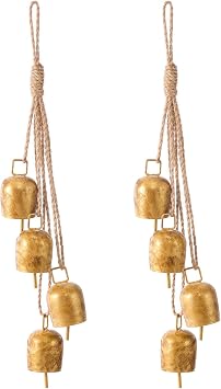 Hananona 2 Pcs Gold Vintage Bells with Hanging Rope, Decorative Metal Cow Bells for Weddings, Parties, and Christmas DIY Wreaths, Home Decor 2