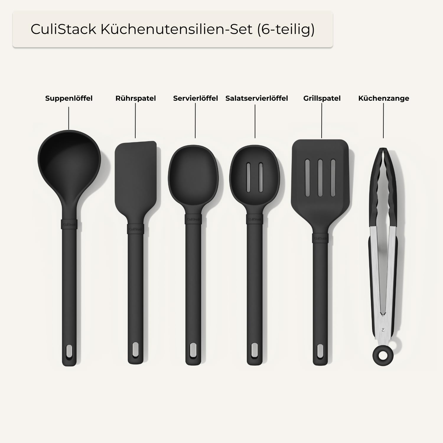 NoTouch Küchenutensilien Set 6-teilig, Silikon, Langlebig, Hygienisch, BPA-frei, Hitzebeständig bis 250°C, Geeignet für ClickGrip Griff, Schwarz