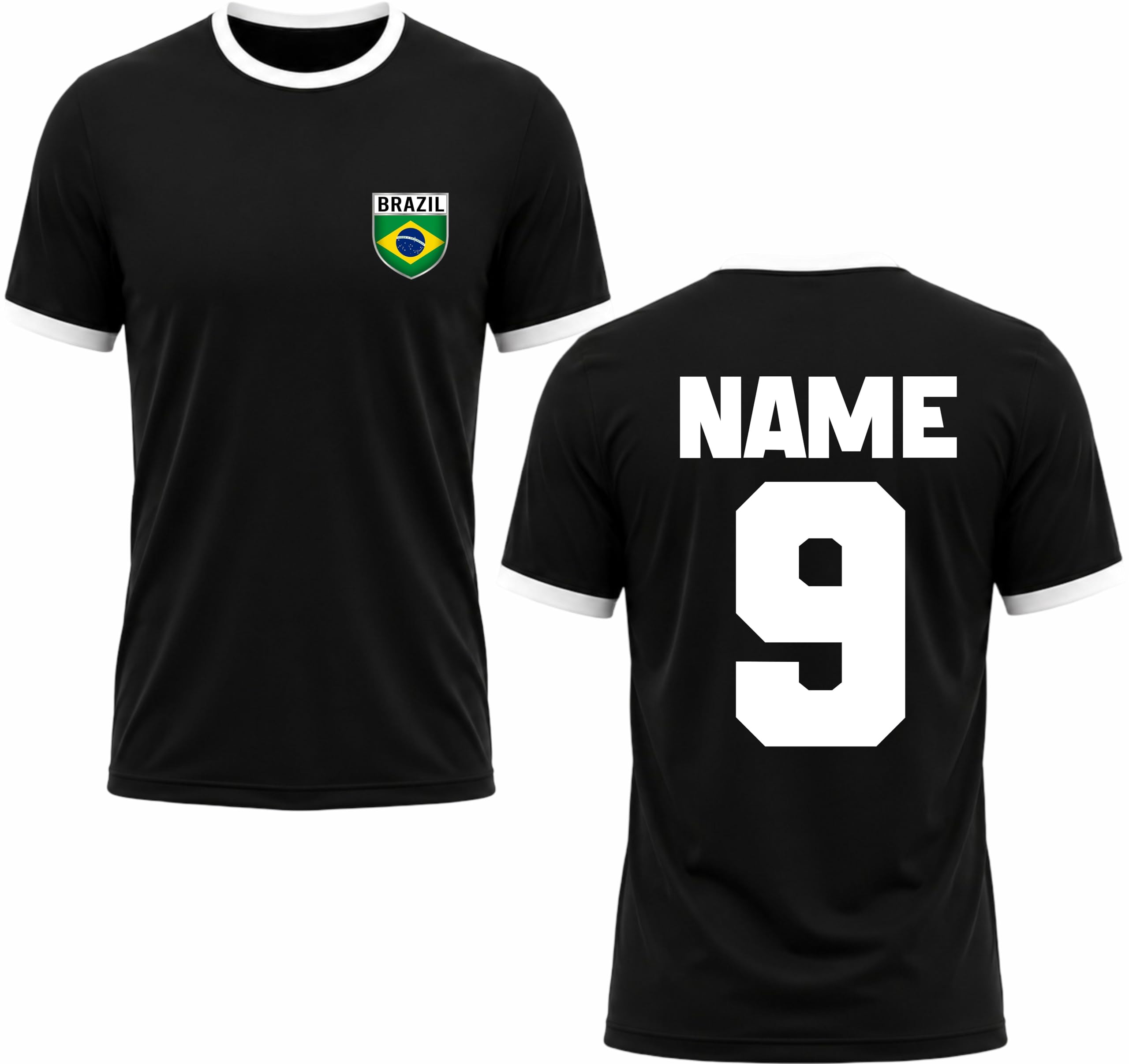Personalised Brazil Football Ringer T-Shirt Brazil National Pride Tee Custom Name and Number Gift to Black/White