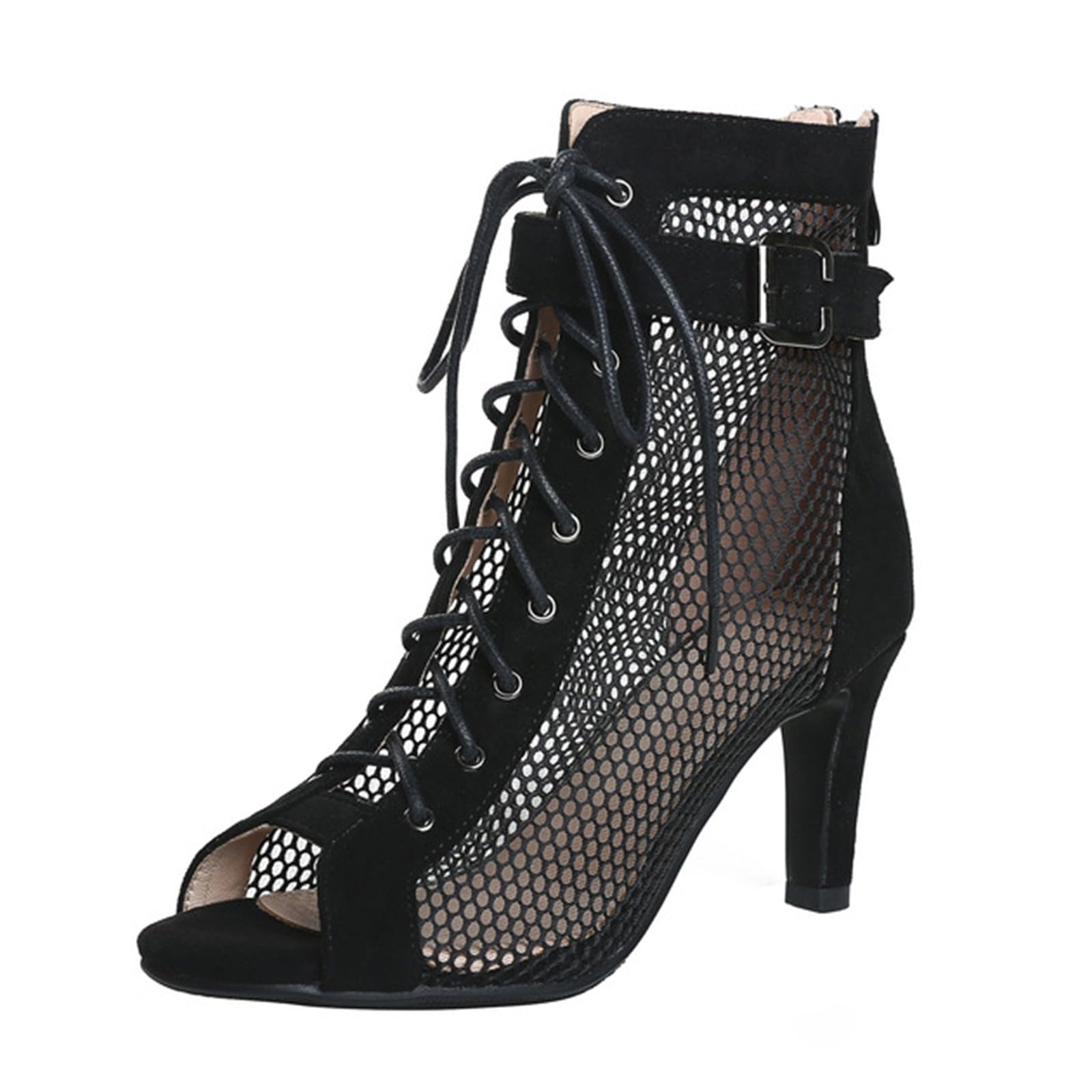Générique Chaussures de Danse Femme Latine Talons Bout Ouvert Lacets Salle de Bal Salsa Bachata Danse Bottines Talon 7 cm
