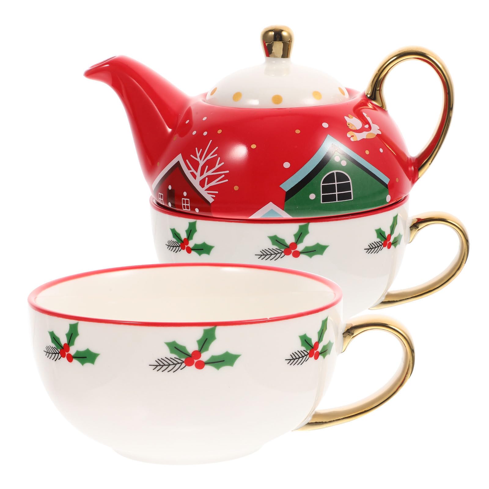 ULTECHNOVO Tasse et Soucoupe en Céramique de Noël, Coffret Rond, Théière et Poignée, Décoratif, Présent de Noël, Style Charmant