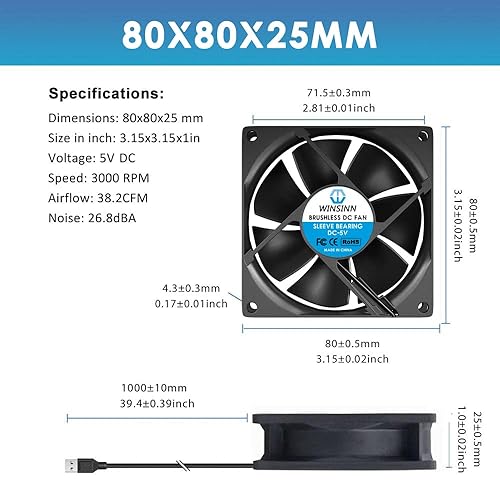 Miniatura 2 de WINSINN DC 3.150 in Ventilador USB 5V 8025 Rodamiento de manga sin escobillas Enfriamiento 3.150 inx0.984 in 2PIN (paquete de 2 piezas)