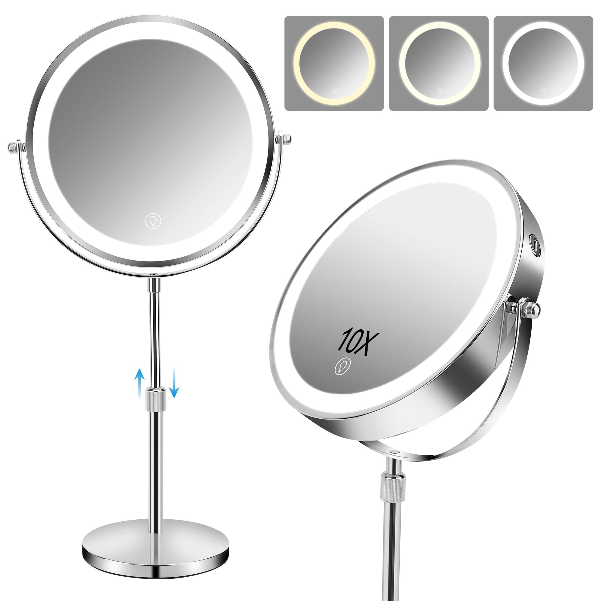 Specchio Trucco Con Luci, Specchio Ingranditore 10x Rotazione A 360° Con 3 Luci Colorate Luminosità Regolabile, Specchio Trucco Con Bifacciale Per La Cura Personale E Il Trucco
