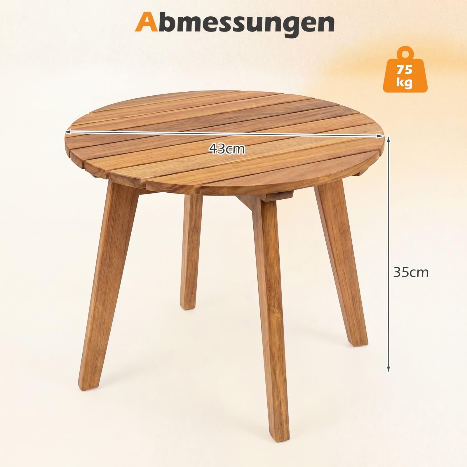 COSTWAY Beistelltisch Holz wetterfest, runder Gartentisch, Holztisch aus Akazienholz, Kleiner Balkontisch, Kaffeetisch für Garten, Balkon, Terrasse, 43 x 43 x 35 cm