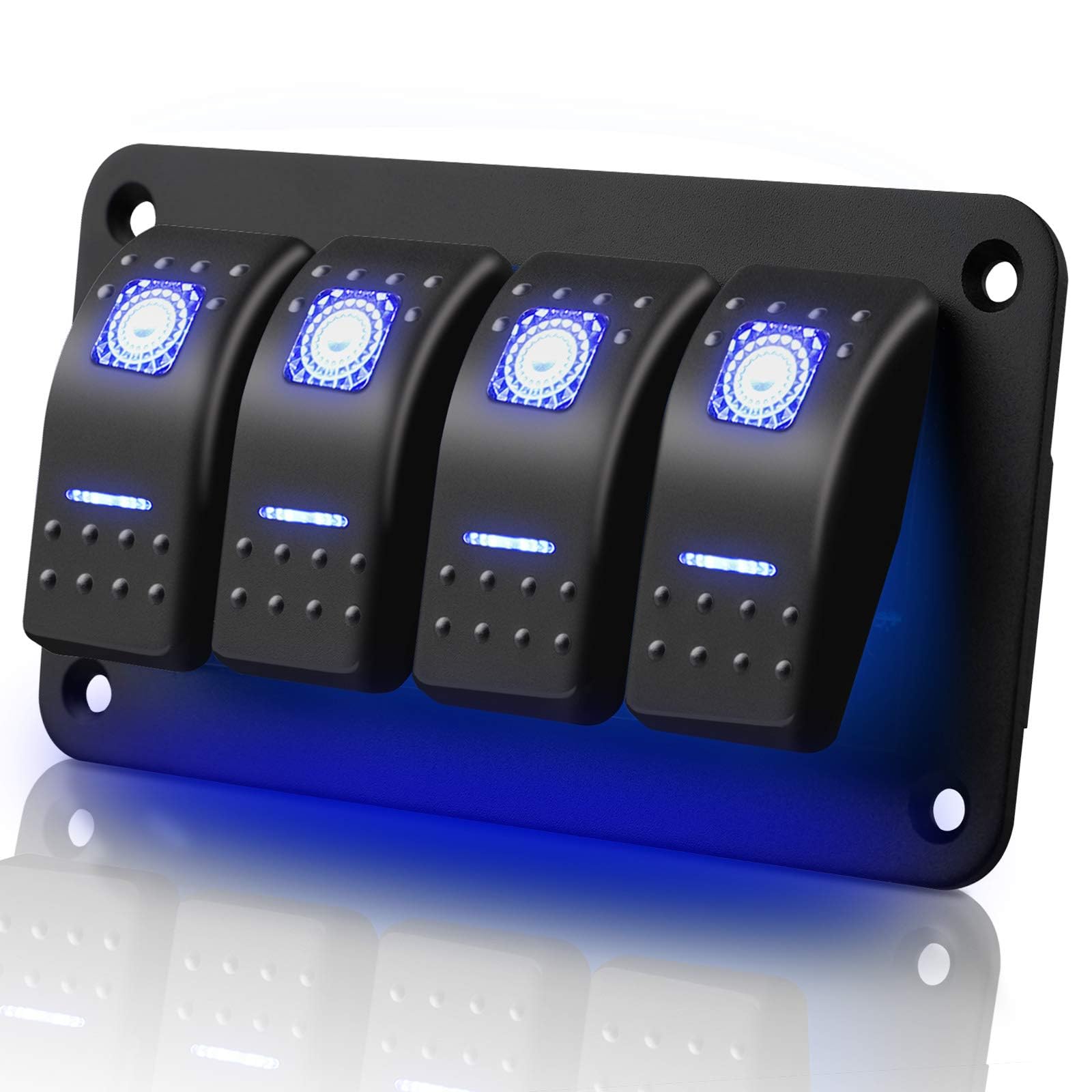 4 Gang Aluminum Rocker Switch Panel, Waterproof Electrical Switch 5 Pin ON/OFF Pre-Wired Toggle Switches Panel with Rocker Switch Holder & Blue Backlit LED 12V 24V for Car Marine Boat RV Vehicle Truck