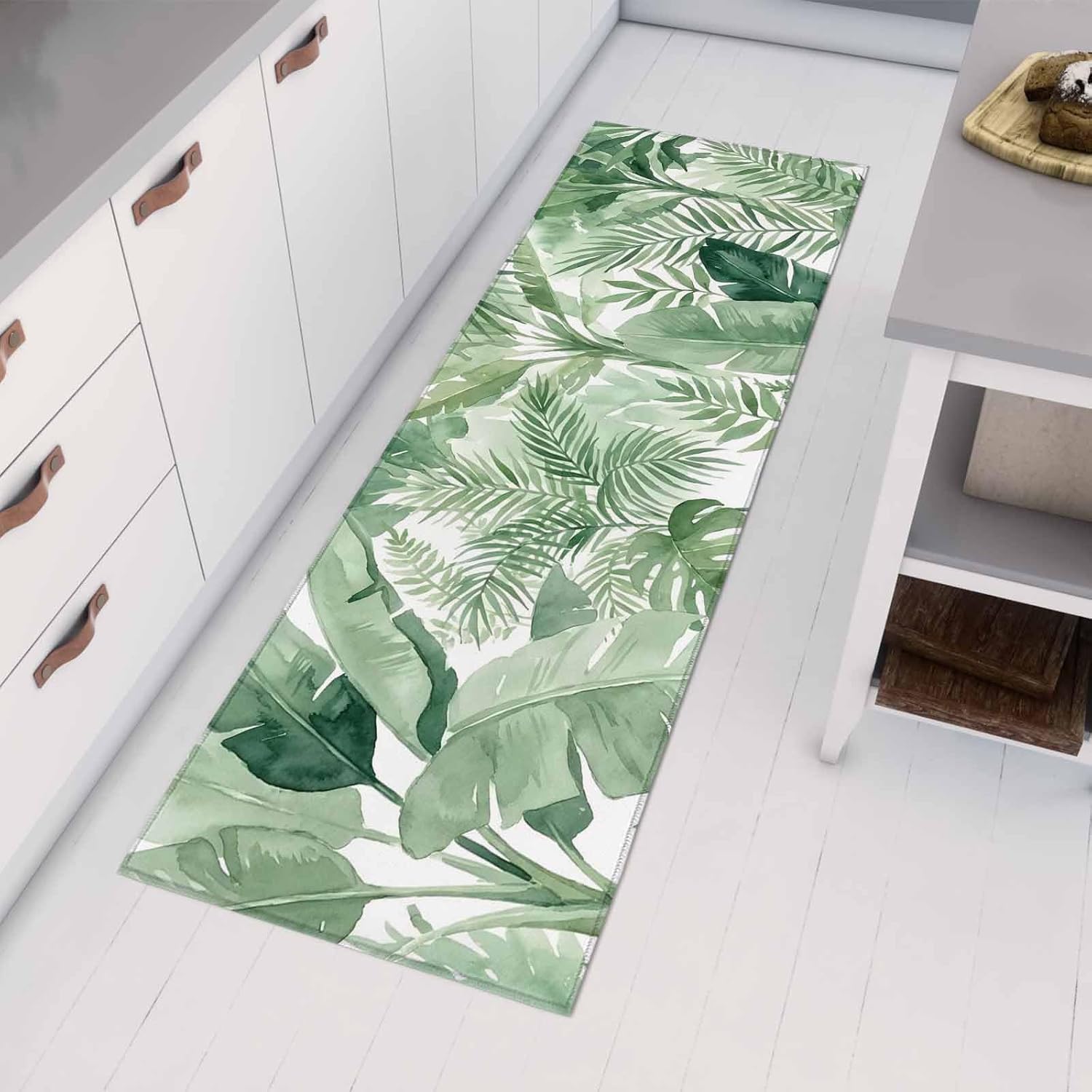 Teamery Kitchen Mats for Floor Farm Watercolor Monstera Plant Washable Non Slip Kitchen Rugs 1PCS, Green Palm Banana Leaves Absorbent Standing Mats for Sink Bathroom Office Living Room 15.7x47.2in